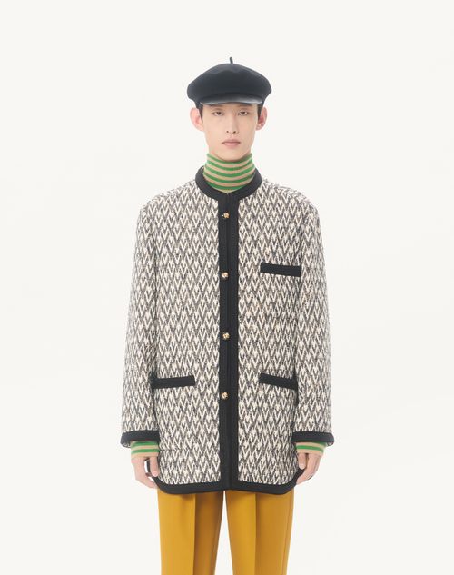 Valentino - Valentino Bouclé Wool Jacket With Toute La V Jacquard Pattern - Navy/beige - Man - Outerwear