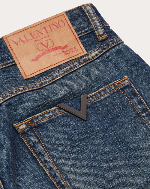 Valentino - Denim Pants With Metallic V Detail - Denim - Man - Denim