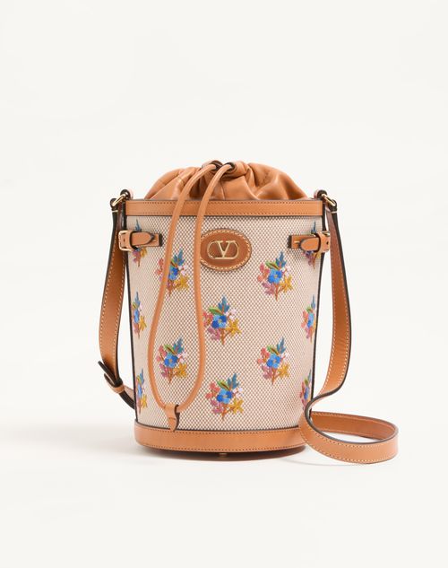 Valentino Garavani - Borsa Media A Secchiello Valentino Garavani Antibes In Canvas Ricamata - Naturale/multicolor - Donna - Borse A Spalla