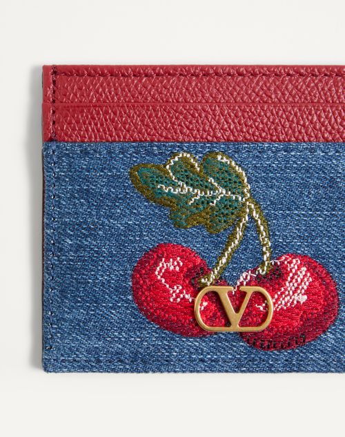 Valentino Garavani - Vlogo Signature Denim Cardholder With Cherryfic Embroidery - Denim/multicolour - Woman - Wallets And Small Leather Goods