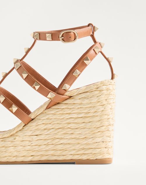 Valentino Garavani - Rockstud Wedge Sandal With Calfskin Straps 95mm - Natural/almond - Woman - Espadrilles And Wedges