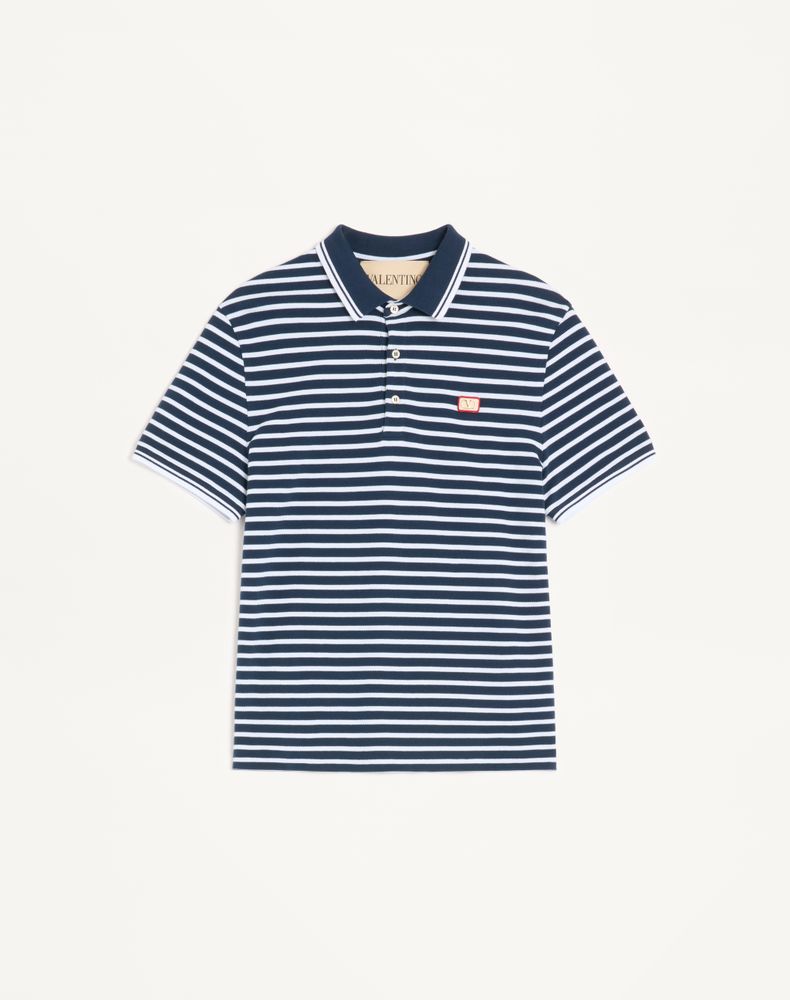 Valentino Men's White/Blue Cotton Piqué Polo With Vlogo Patch Man Xxl