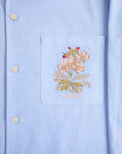 Valentino - Oxford Cotton Shirt With Floral Embroidery - Azure - Man - Shirts