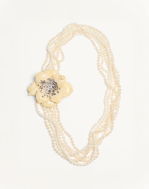 Valentino Garavani Fleur Lumineuse Necklace In Metal, Enamel, Pearls And Fabric Woman Gold/cream Onesize