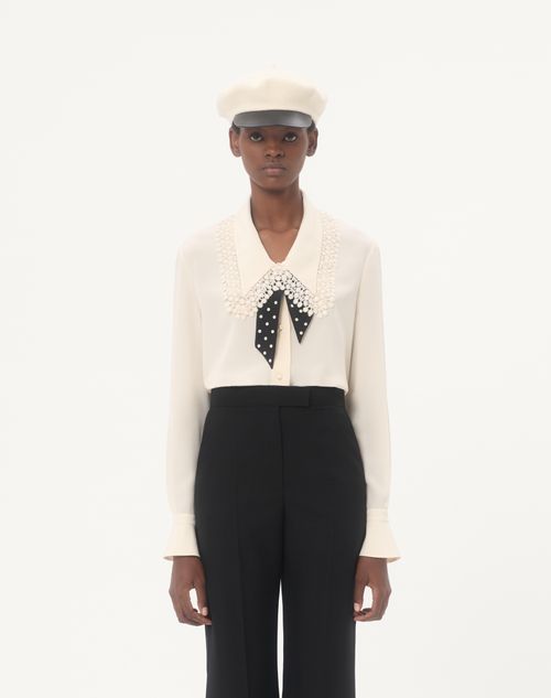 Valentino - Camisa De Crepé De China Con Detalle De Encaje En El Cuello - Marfil - Mujer - Camisas Y Tops