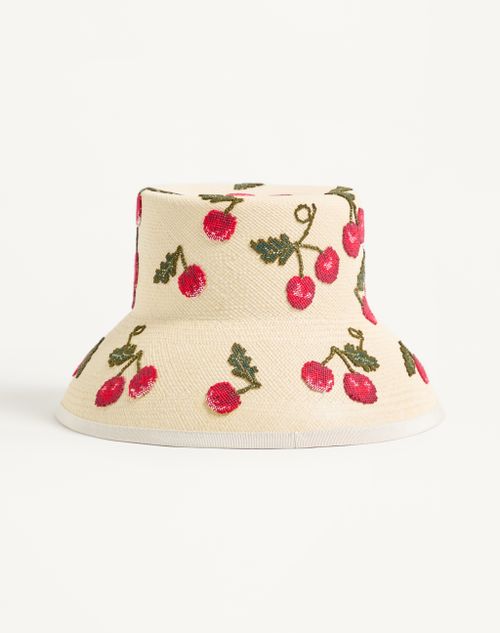 Valentino Garavani - Cappello Bucket Cherryfic In Paglia - Naturale/rosso - Donna - Cappelli E Guanti