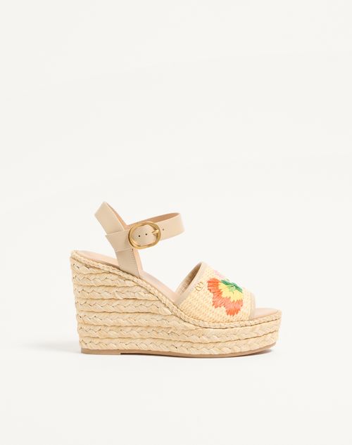 Valentino Garavani - Bribri Raffia Wedge Sandal With Floral Embroidery 115mm - Beige - Woman - Espadrilles And Wedges