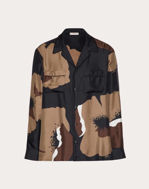 Shop Valentino Silk Twill Pyjama Shirt With Flower Portrait Print In Black/clay/ivory