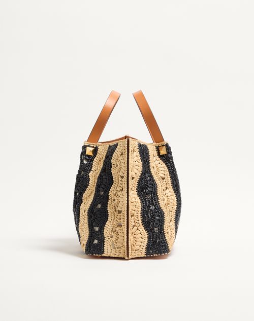 Valentino Garavani - Valentino Garavani Medium Raffia Shopping Bag With Wave Motif. - Natural/black - Woman - Totes