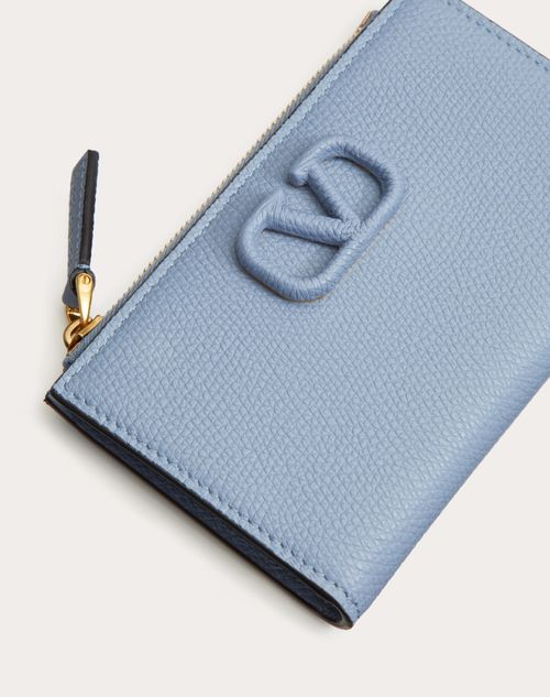 Valentino Garavani - Vlogo Signature Grainy Calfskin Cardholder Wth Zipper - Niagara - Woman - Wallets And Small Leather Goods