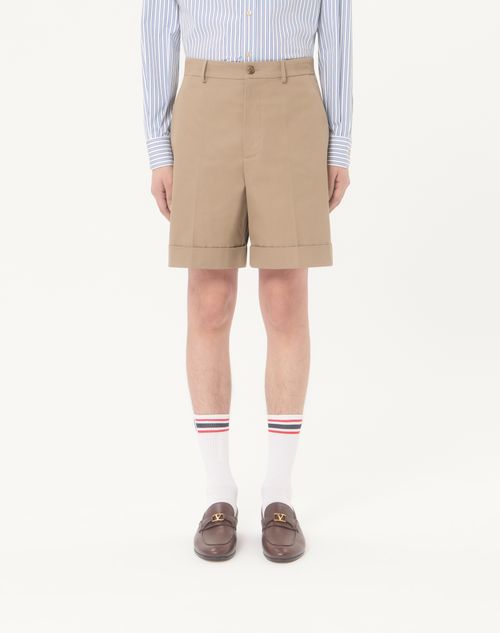 Valentino - Valentino Cotton Gabardine Bermuda Shorts With Turn-up And Vlogo Embroidery - Beige - Man - Trousers And Shorts