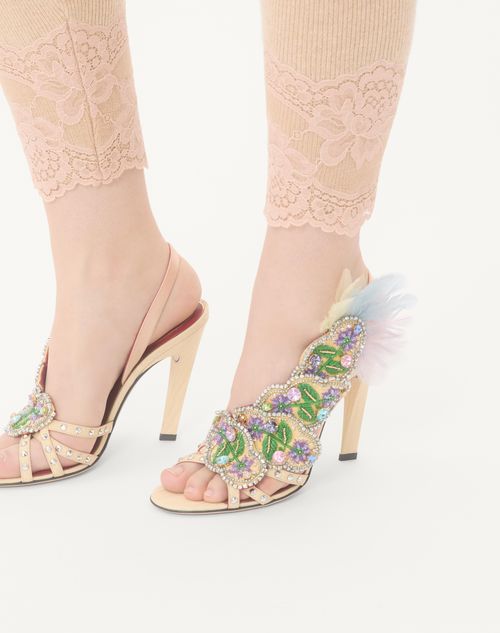 Valentino Garavani - Dans Le Foyer Sandal In Moiré Fabric With Floral Embroidery And Feathers 105mm - Multicolor - Woman - Sandals