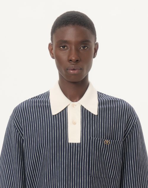 Valentino - Valentino Viscose T-shirt With Striped Vlogo Embroidery - Navy/butter - Man - T-shirts And Sweatshirts