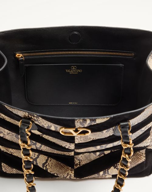 Valentino Garavani - Borsa Shopping Valentino Garavani Laseine In Pitone E Suede Motivo Chevron - Beige/nero - Donna - Borse Shopping