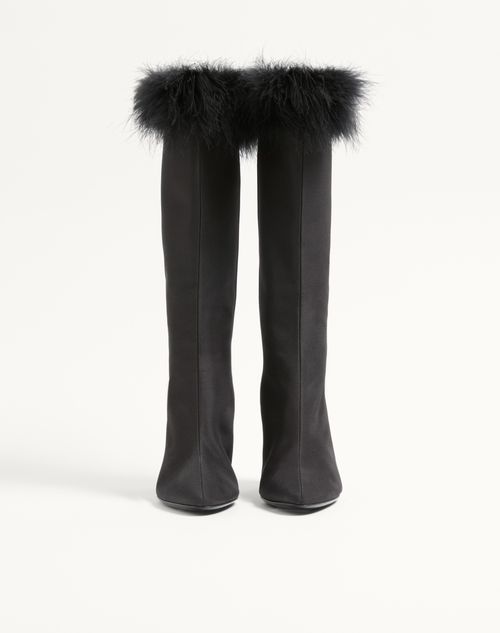 Valentino Garavani - Hotty Shantung Fabric Boot With Feathers 100mm - Black - Woman - Boots
