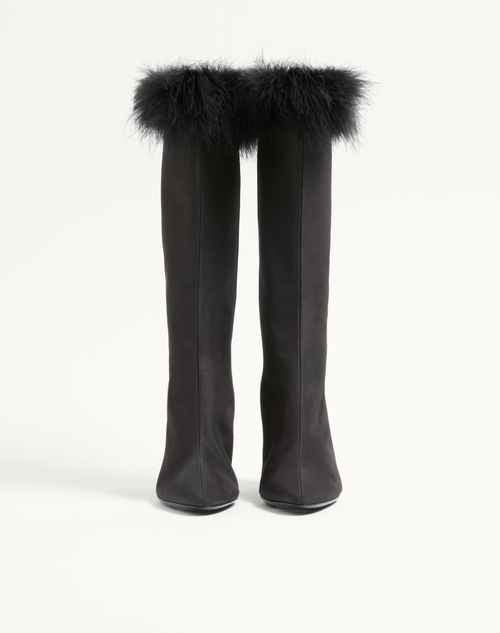 Valentino Garavani - Hotty Shantung Fabric Boot With Feathers 100mm - Black - Woman - Boots And Ankle Boots