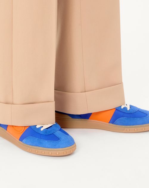 Valentino Garavani - Upvillage Low Top Sneaker In Crust Leather And Nylon - Acid Bluette/pumpkin/coral - Man - Sneakers