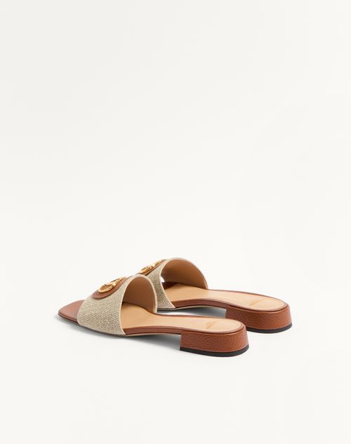 Valentino Garavani - Vlogo Signature Slide Sandal In Canvas 20mm - Natural/saddle Brown - Woman - Slides And Thongs