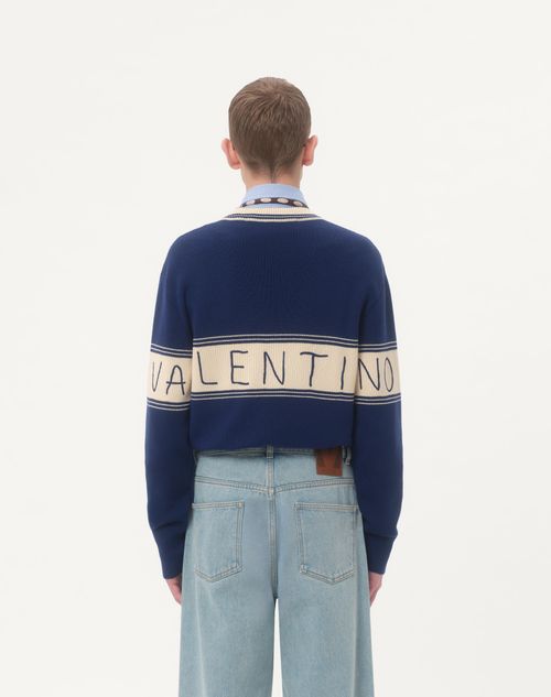 Valentino - Wool And Cotton Jumper With Chez Valentino Jacquard Pattern - Blue/butter - Man - Knitwear