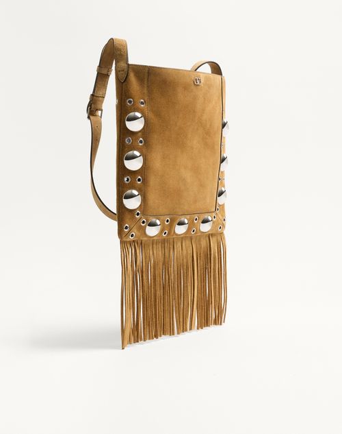 Valentino Garavani - Valentino Garavani Nellcôte Suede Shoulder Bag With Fringes - Havana Beige - Man - Shoulder Bags