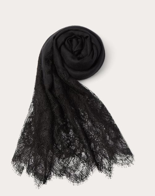 Shop Valentino Garavani Lace Stole In Cashmere And Wool With Lace Detail Woman Black Uni In Noir