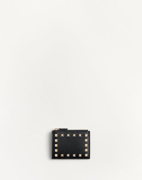 Shop Valentino Garavani Rockstud Grainy Calfskin Cardholder With Zip Woman Black Uni