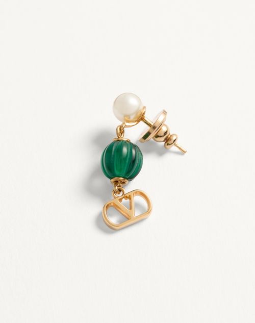 Valentino Garavani - Vlogo Signature Earrings In Metal, Pearl And Knurled Glass - Gold/green - Woman - Jewelry