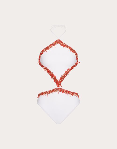 Shop Valentino Embroidered Lycra Swimsuit Woman White/coral L