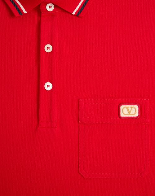 Valentino - Cotton Piqué Polo Shirt With Vlogo Patch - Red - Man - T-shirts And Sweatshirts