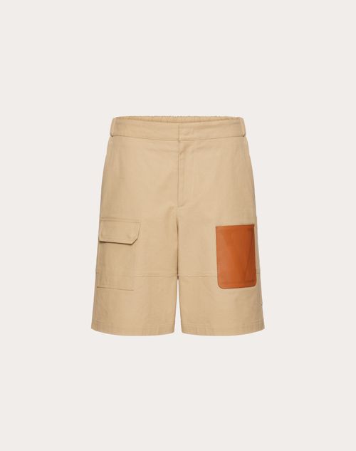 Valentino - Cotton Bermuda Shorts With Leather Pocket And Embossed Vlogo Signature - Beige - Man - Pants And Shorts