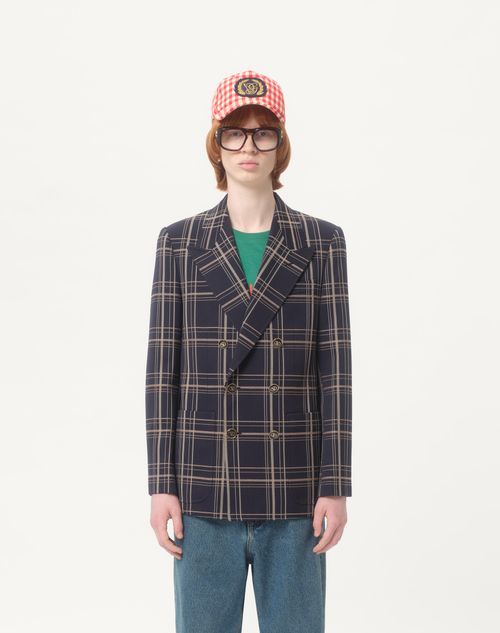 Valentino - Double-breasted Wool And Cotton Jacket With Check Pattern - Navy/grey - Man - Coats And Blazers