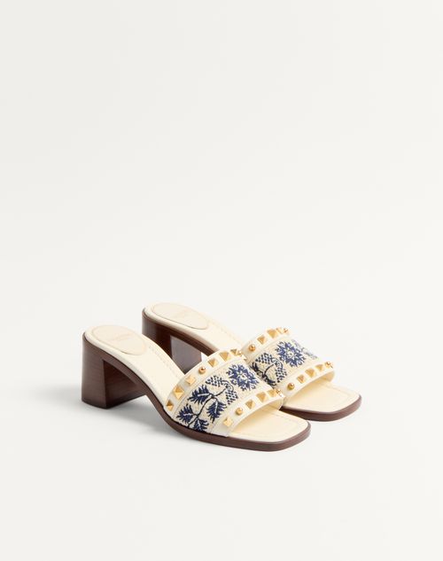 Valentino Garavani - County Slide Sandal In Calfskin With Grape Embroidery 60mm - Ivory/natural/blue - Woman - Sandals