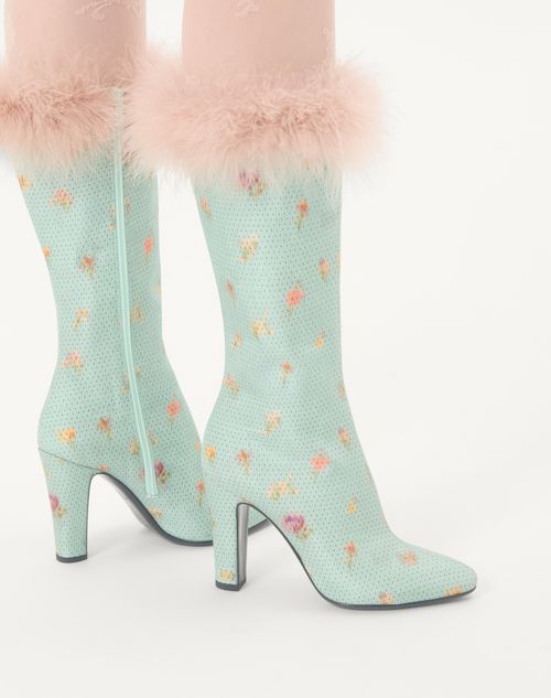 Valentino Garavani - Bottes Hotty En Tissu Chiné À Motif Floral Et À Pois, Ornées De Plumes, Talon : 100 mm - Bleu Ciel - Femme - Bottes