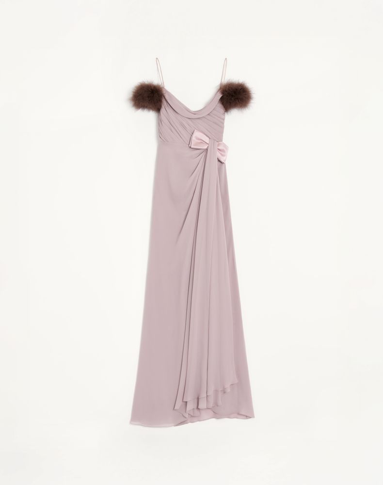 Valentino Women's Lilac Long Dress In Light Georgette With Feathers Woman 48