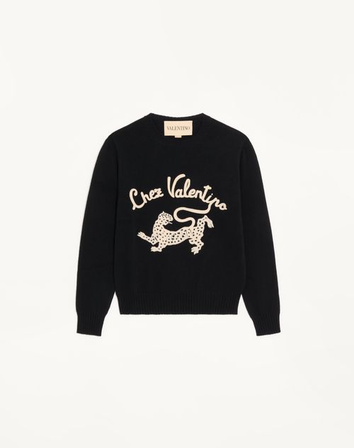 Valentino - Valentino Wool Jumper With Chez Valentino & Panther Embroidery - Black - Man - Knitwear