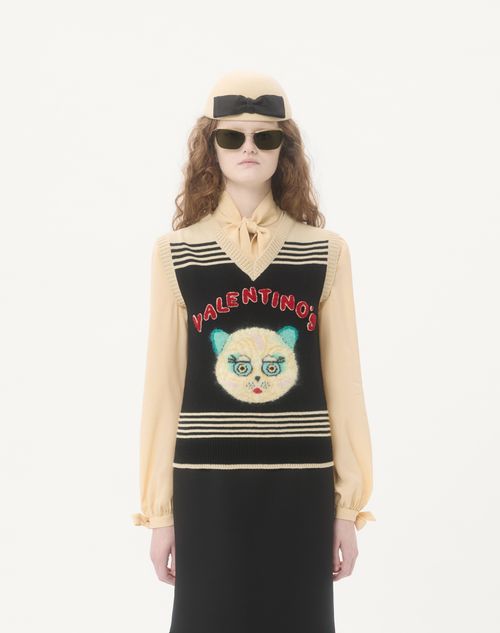 Valentino - Le Chat De La Maison Embroidered Gilet - Black/multicolor - Woman - Knitwear
