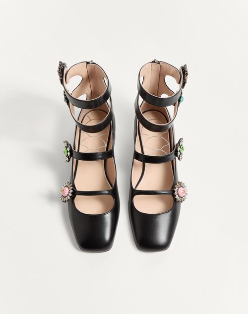 Valentino Garavani - Preshoes Ballerinas With Straps In Kidskin With Jewel Buttons 20mm - Black/crystal/multicolour - Woman - Ballerinas