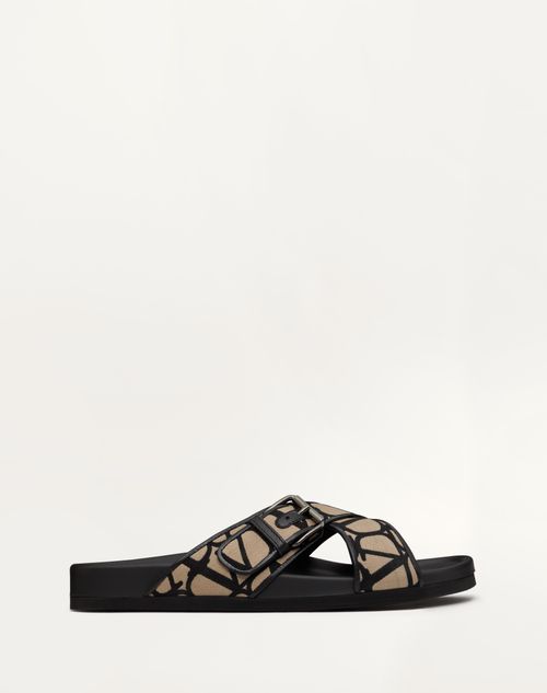 Valentino Garavani Fussfriend Slide Sandal In Toile Iconographe Technical Fabric In Natural/black