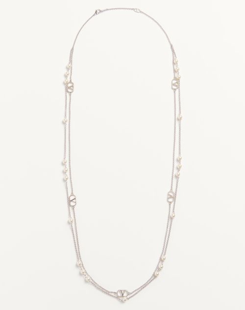 Valentino Garavani Vlogo Signature Metal Necklace With Swarovski® Pearls Woman Palladium/crystal Uni