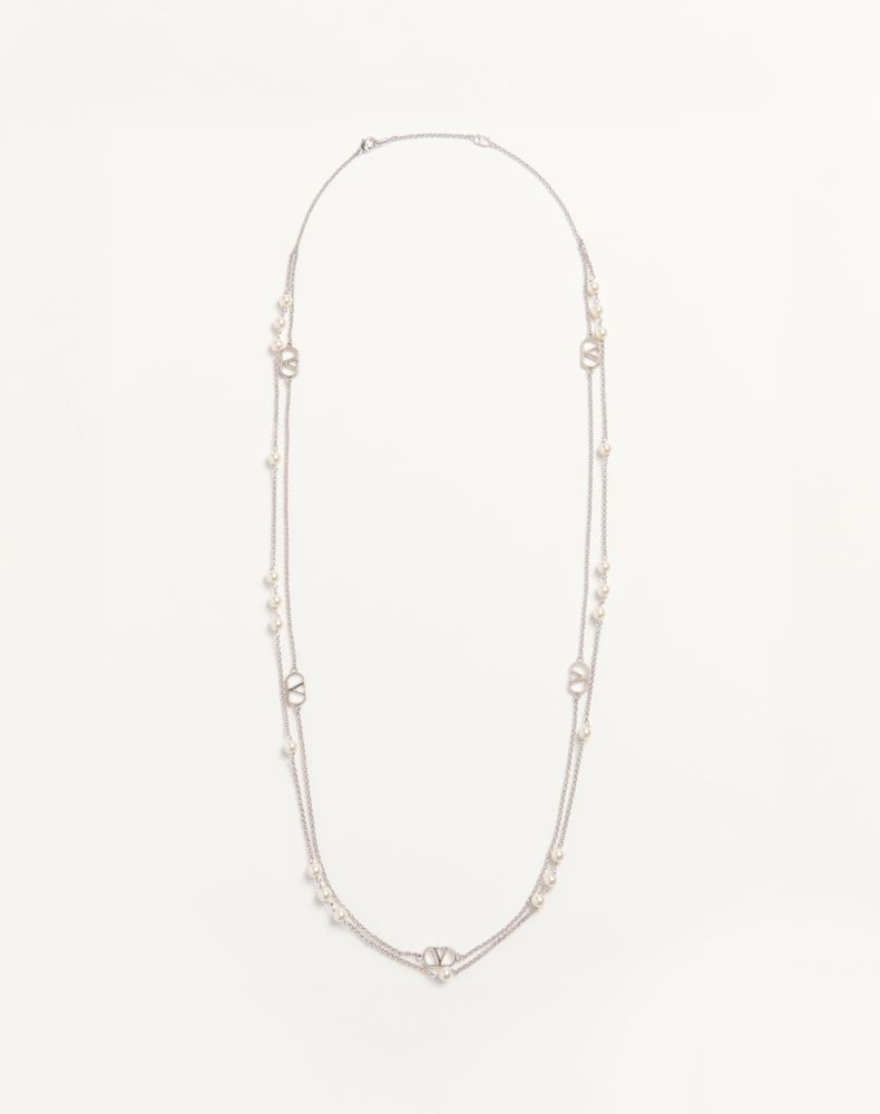 Valentino Garavani Women's Palladium/Cream Vlogo Signature Metal Necklace With Swarovski Pearls Woman Uni