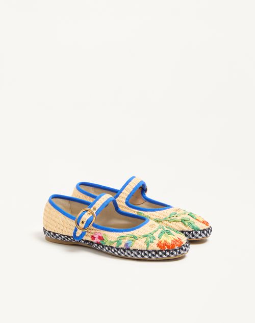 Valentino Garavani - Mary-jane Endouce Ballerina In Raffia With Floral Embroidery - Natural/multicolor - Woman - Ballerinas