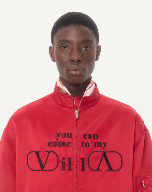 Valentino - Valentino Nylon Satin Bomber Jacket With You Can Come To My Villa Embroidery - Red - Man - Outerwear