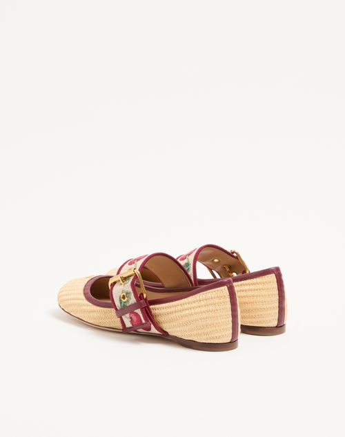 Valentino Garavani - Mary-jane Bribri Raffia Ballerina With Cherryfic Embroidery - Beige - Woman - Ballerinas