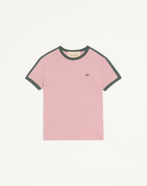Valentino - Valentino Cotton T-shirt With Crew Neck, Contrasting Side Bands And Vlogo Embroidery - Pink/green - Man - T-shirts And Sweatshirts