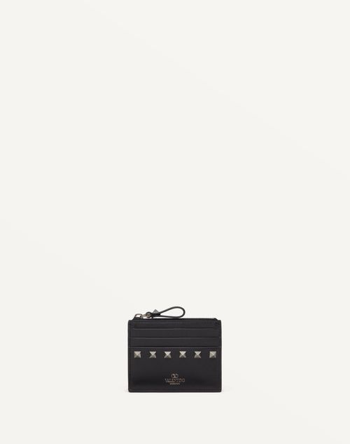 Valentino Garavani Rockstud Calfskin Cardholder With Zip Woman Black Uni