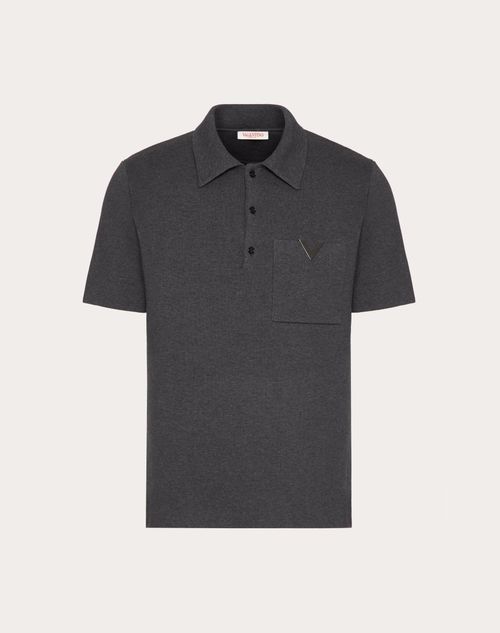 Shop Valentino Stretch Cotton Polo Shirt With Metallic V Detail In Grey