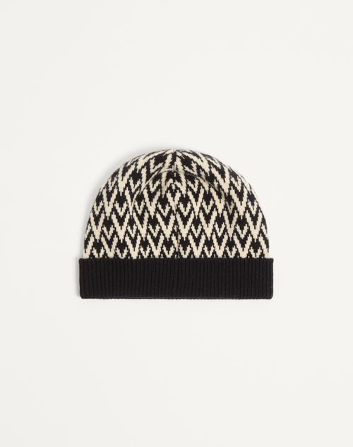 Valentino Garavani - Toute La V Signature Knitted Wool Beanie - Black/cream - Man - Hats And Gloves
