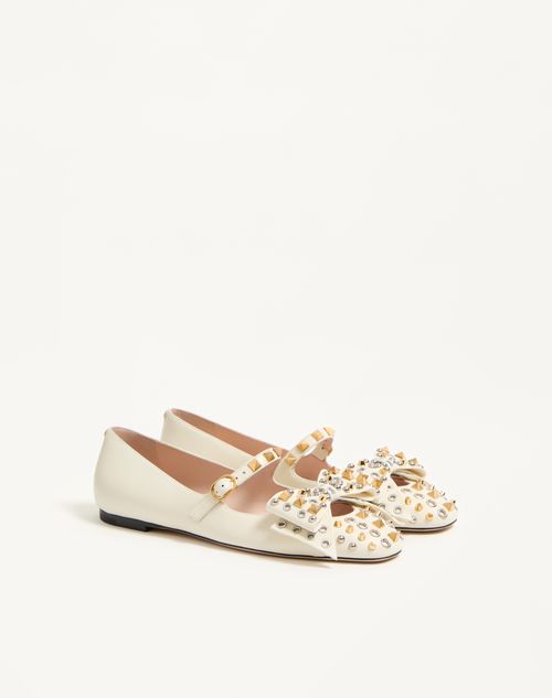 Valentino Garavani - Mary-jane Bowow Ballerina In Kidskin With Studs - Ivory - Woman - Ballerinas