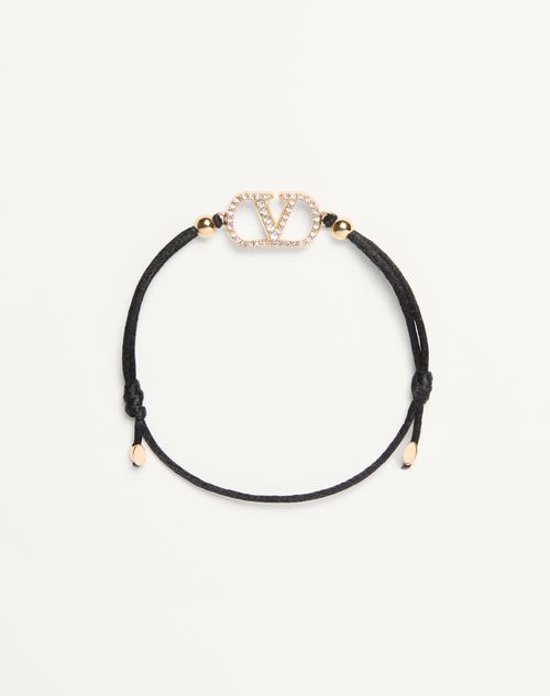 Valentino Garavani Garavani Vlogo Signature Bracelet In Cotton And Swarovski® Crystals Woman Black/c In Black/crystal