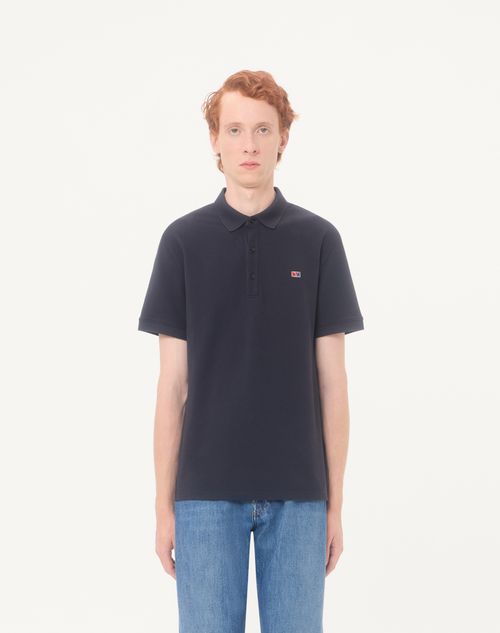 Valentino - Valentino Cotton Piqué Polo Shirt With Vlogo Signature Patch - Navy - Man - T-shirts And Sweatshirts